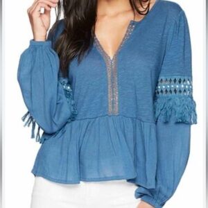Lucky Brand Boho Blue Fringe Long Sleeve Peasant Blouse Size S V Neck